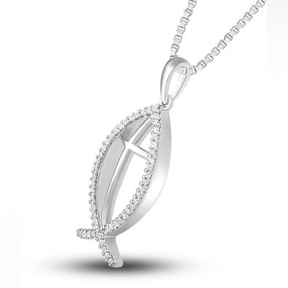 NEW! Diamond Ichthys Necklace 1/10 ct tw Round-cut Sterling Silver 18" - Picture 3 of 9